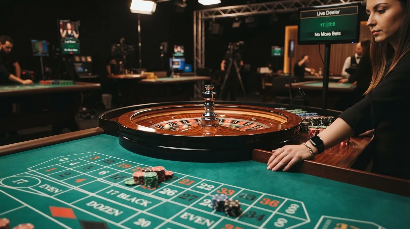 Mesa de ruleta en vivo con crupier real retransmitida desde un estudio de casino