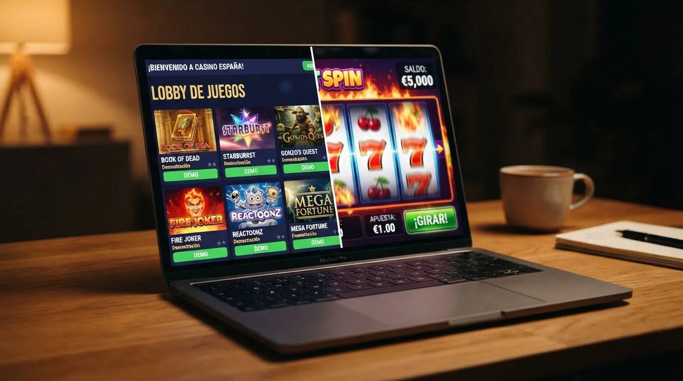 Cuatro miniaturas de juegos de casino dispuestas en cuadrícula — una tragaperras, una ruleta, una mano de blackjack y una mesa de póker — con la etiqueta «Demo» visible en cada una