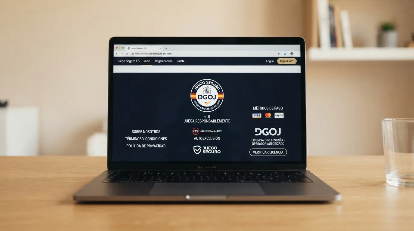 El logotipo de la DGOJ y el dominio .es visibles en el pie de página de un casino online autorizado en España