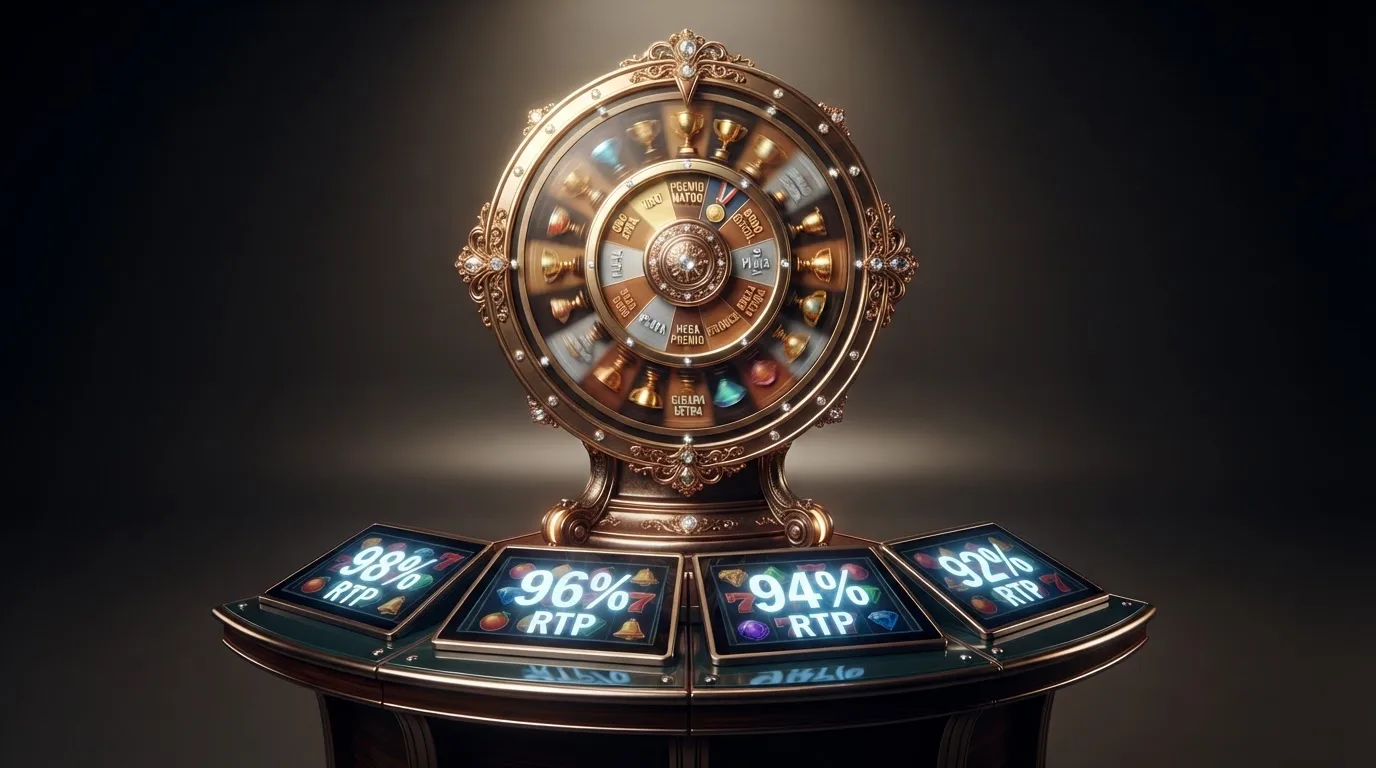 Una rueda de jackpot progresivo dorada con tres niveles de premio visibles, rodeada de loscarretes de varias tragaperras NetEnt con los valores de RTP sobreimpresos en cada una