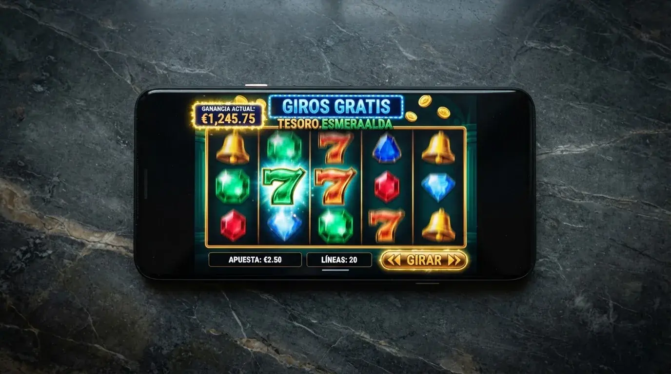 Pantalla de una tragaperra online con giros gratis activos y el contador de ganancias visible
