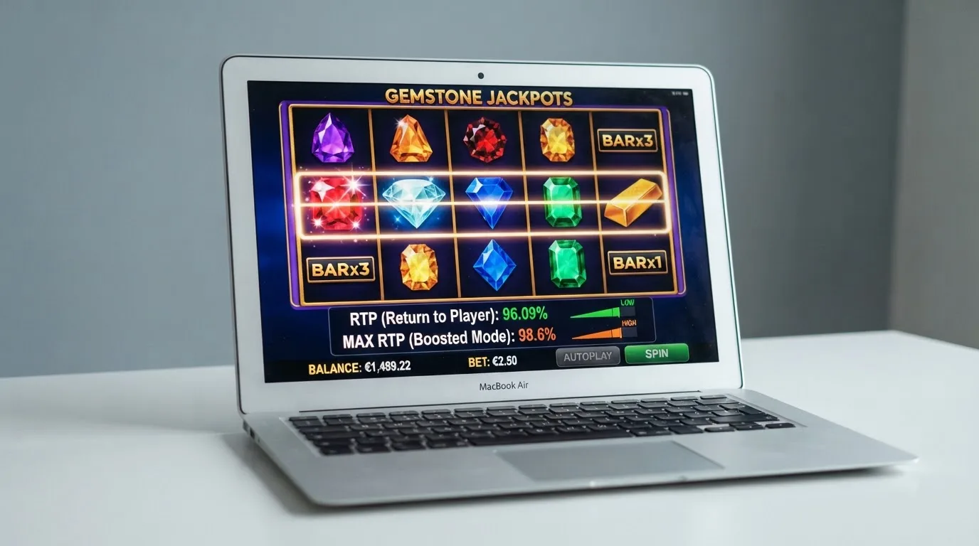 Interfaz de una tragaperra online con los carretes en movimiento y el panel de información mostrando el porcentaje de RTP y la volatilidad