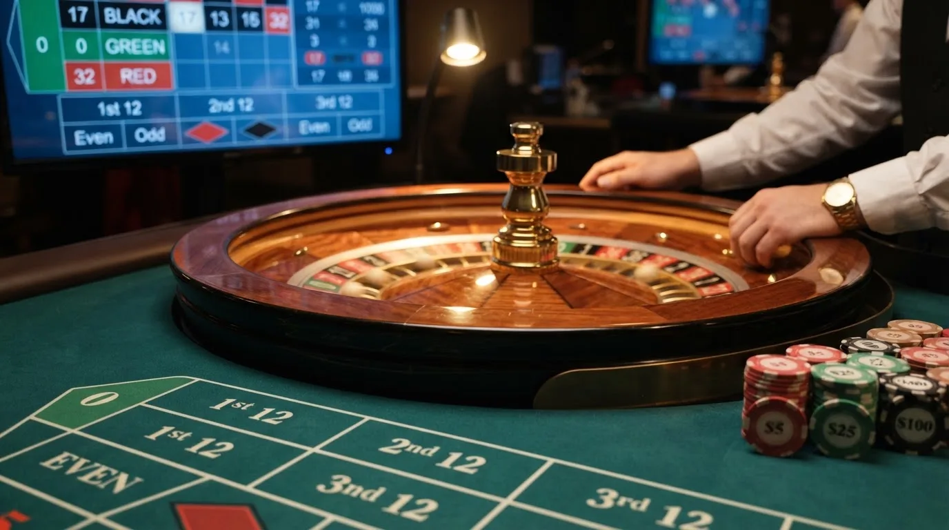 Mesa de ruleta en vivo con primer plano del cilindro girando y la interfaz de apuestas en pantalla, en un entorno de estudio con iluminación de casino
