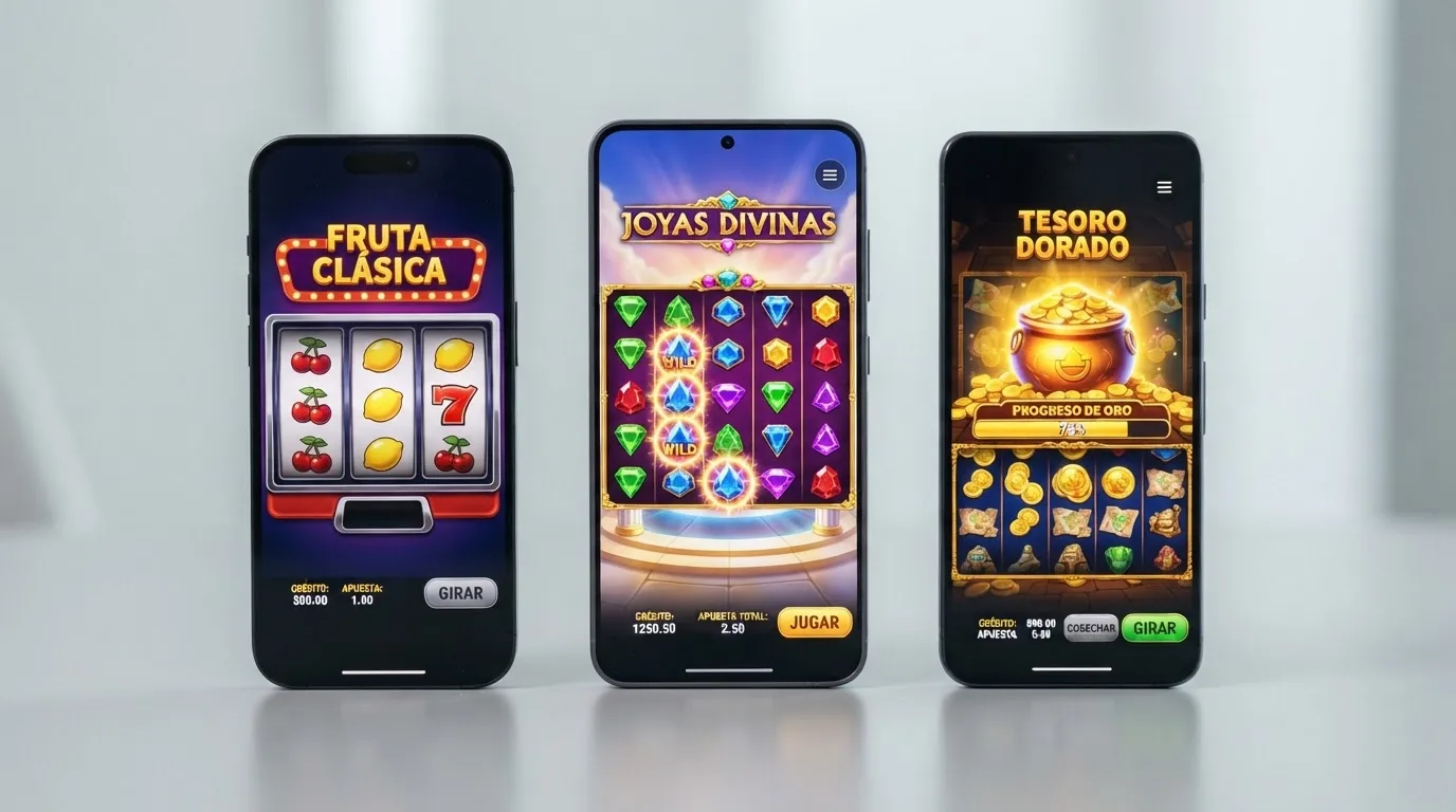 Tres pantallas de móvil mostrando diferentes tipos de tragaperras: una clásica de frutas, una de vídeo con animaciones y una con indicador de jackpot progresivo